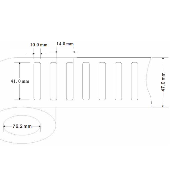 Xerafy XSKIN Theta Roll 寸法図（ラベル41×10mm、ピッチ14mm、リール幅47mm、コア内径76.2mm）